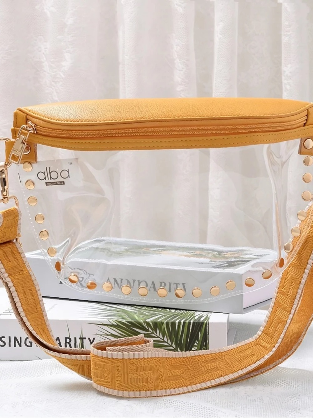 alba Clear Crossbody Bag with Mustard Yellow Trim and Gold Studs